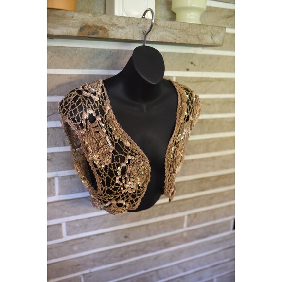 Bebe S Y2K Crocheted Sequin, Beaded Cropped Cardigan bolero, brown Gold & Pink - Picture 1 of 8